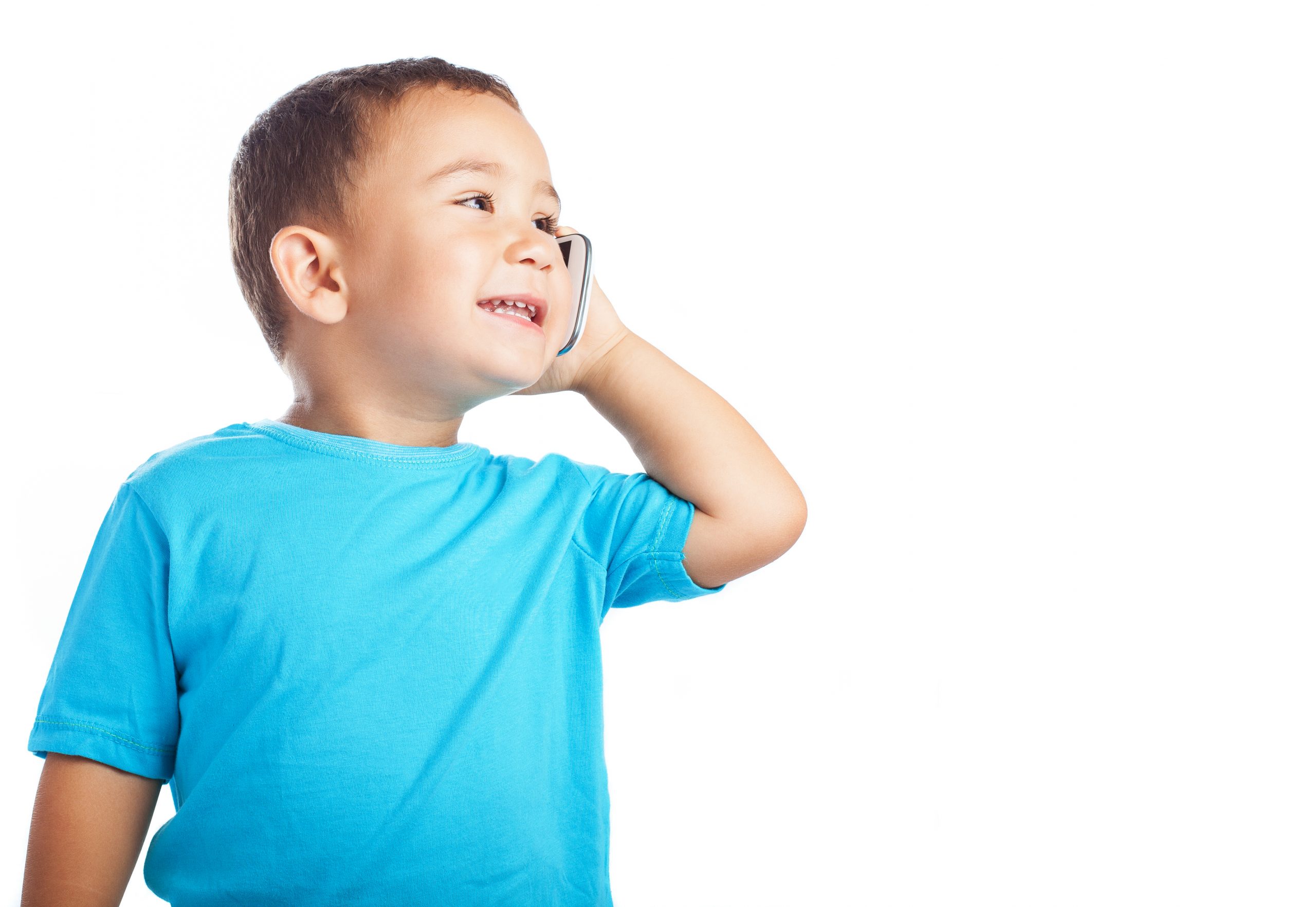 child calling by mobile with a white background